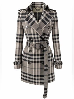 BURBERRY LONDON | Check Plaid Trench Coat Belt Double Breasted Metallic US 8